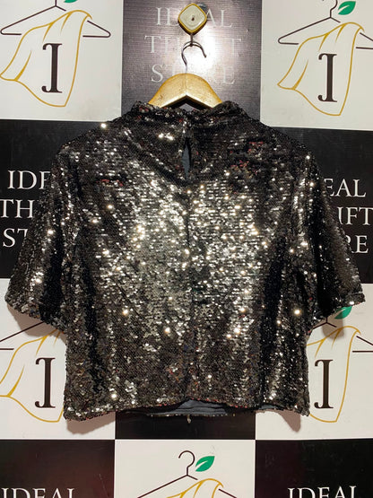 H&M |S| BUST 18| A9| FULLY SEQUINED HIGH-NECK SHORT SLEEVE TOP - BLACK / GUNMETAL