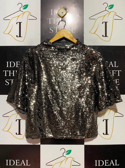 H&M |S| BUST 18| A9| FULLY SEQUINED HIGH-NECK SHORT SLEEVE TOP - BLACK / GUNMETAL