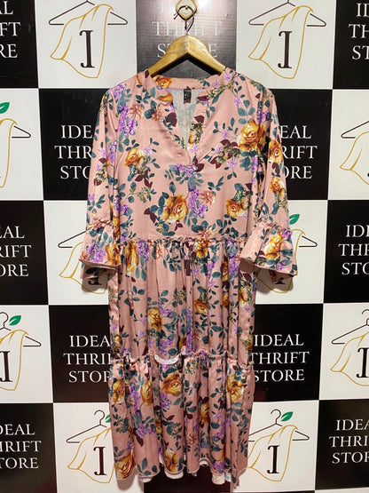 SHEIN |M| BUST 19| A9| FLORAL PRINT TIERED V-NECK MAXI DRESS - DUSTY PINK