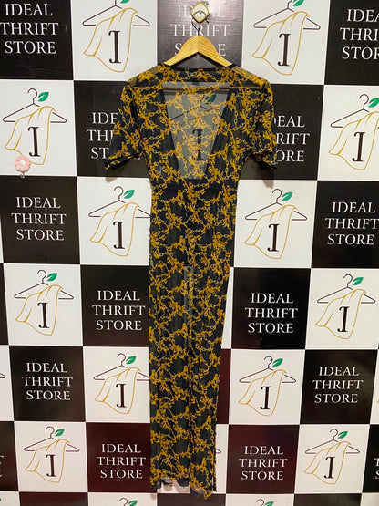 PRIMARK |S| BUST 15| A9| BAROQUE CHAIN PRINT SHEER OPEN-FRONT MAXI DRESS / COVER-UP - BLACK & GOLD