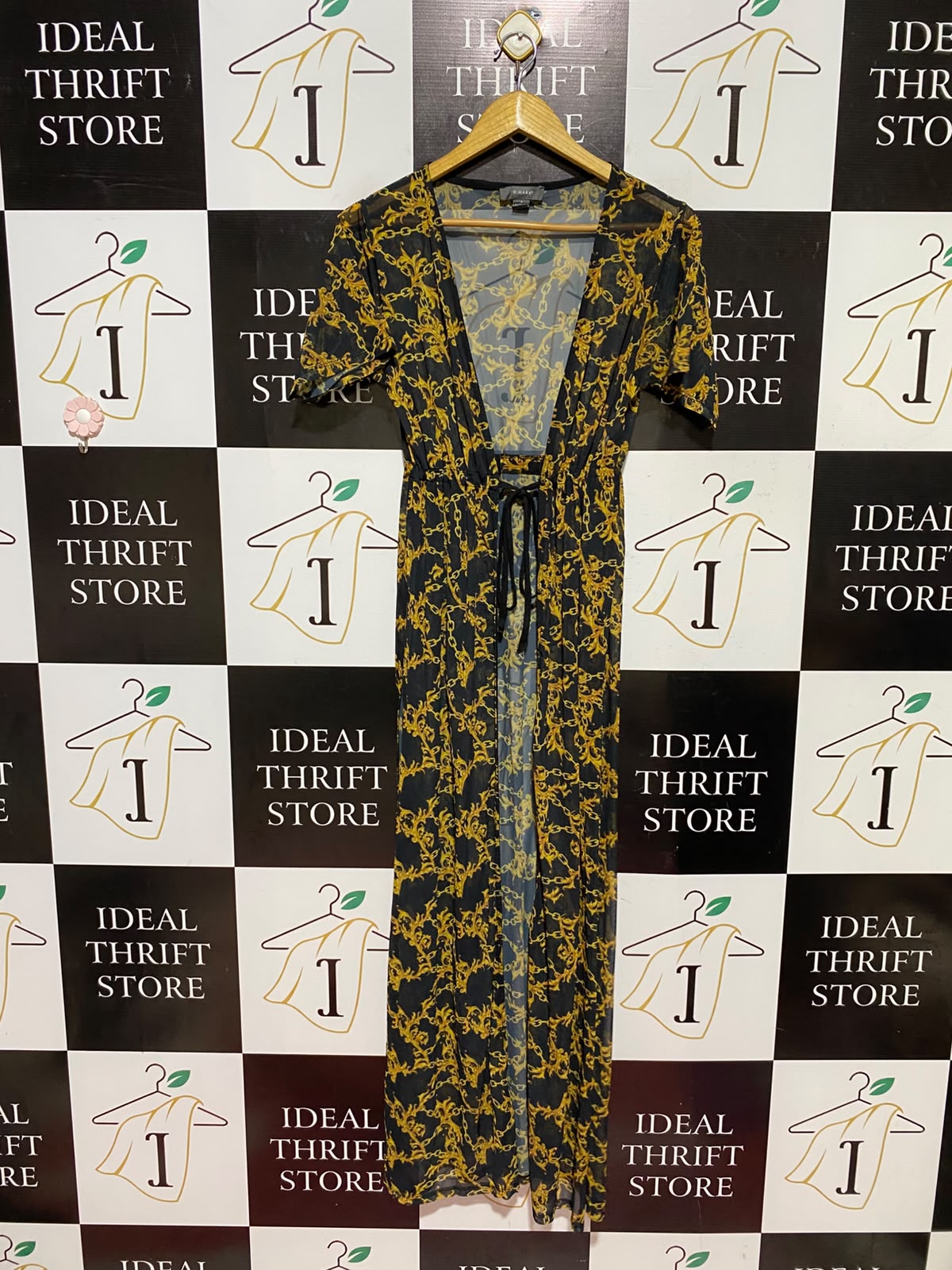 PRIMARK |S| BUST 15| A9| BAROQUE CHAIN PRINT SHEER OPEN-FRONT MAXI DRESS / COVER-UP - BLACK & GOLD