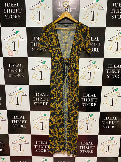 PRIMARK |S| BUST 15| A9| BAROQUE CHAIN PRINT SHEER OPEN-FRONT MAXI DRESS / COVER-UP - BLACK & GOLD