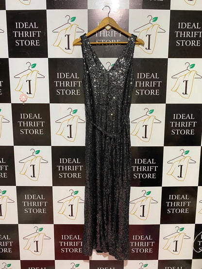 NEW LOOK |L| BUST 19| A9| FULLY SEQUINED V-NECK SLEEVELESS BELTED MAXI DRESS - CHARCOAL / GUNMETAL