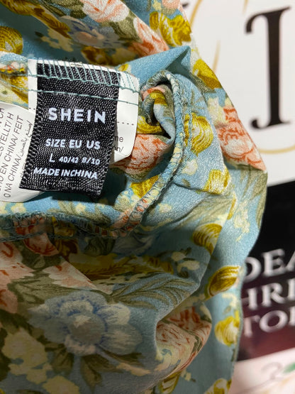 SHEIN |L| BUST 15| A9| VINTAGE FLORAL HALTER-NECK BACKLESS MINI DRESS - LIGHT BLUE