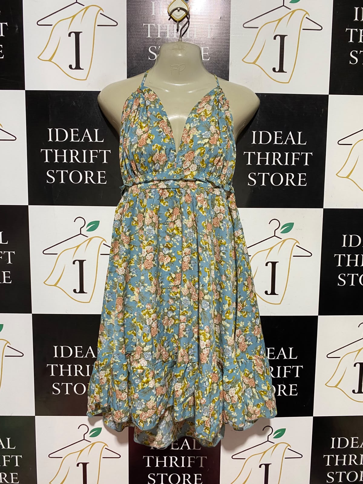 SHEIN |L| BUST 15| A9| VINTAGE FLORAL HALTER-NECK BACKLESS MINI DRESS - LIGHT BLUE
