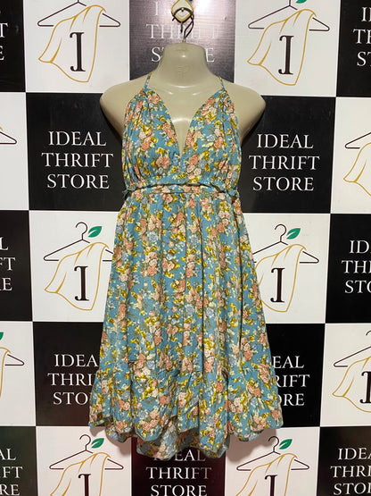 SHEIN |L| BUST 15| A9| VINTAGE FLORAL HALTER-NECK BACKLESS MINI DRESS - LIGHT BLUE