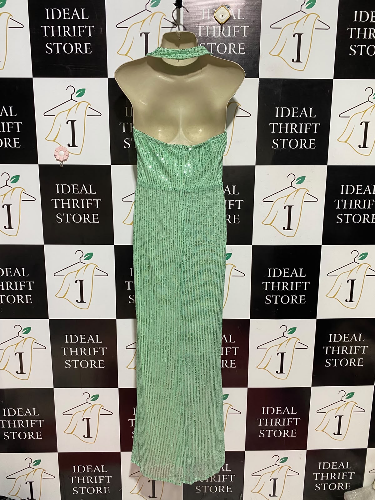 |S| BUST 30| A9| SEQUINED HALTER-NECK PLUNGING MAXI DRESS - MINT GREEN