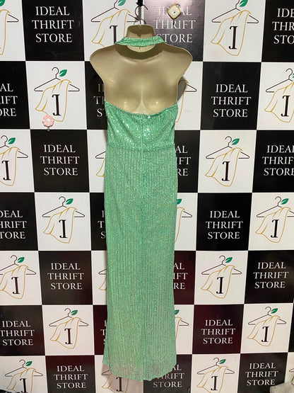 |S| BUST 30| A9| SEQUINED HALTER-NECK PLUNGING MAXI DRESS - MINT GREEN