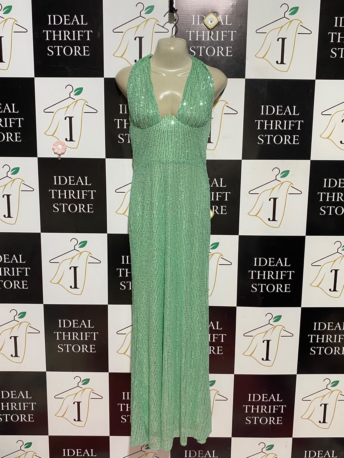 |S| BUST 30| A9| SEQUINED HALTER-NECK PLUNGING MAXI DRESS - MINT GREEN