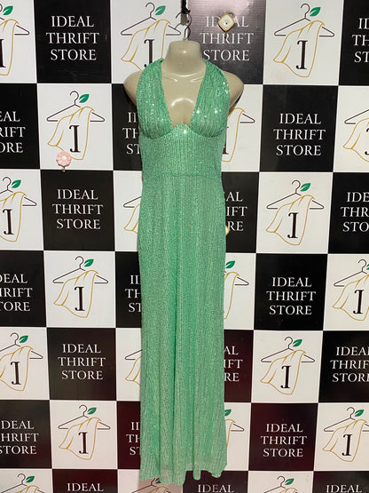 |S| BUST 30| A9| SEQUINED HALTER-NECK PLUNGING MAXI DRESS - MINT GREEN