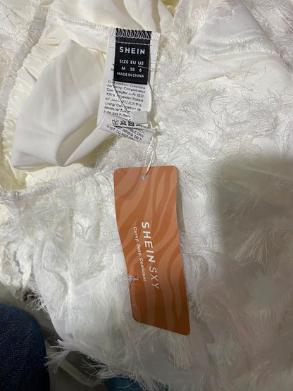 SHEIN |M| A9| TEXTURED FRINGE TIE-FRONT CROP TOP & MINI SKIRT TWO-PIECE SET - OFF-WHITE