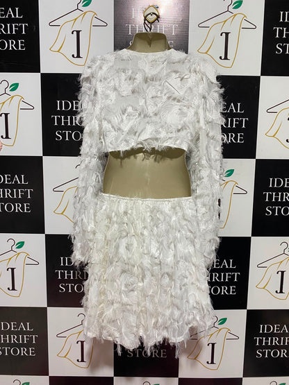 SHEIN |M| A9| TEXTURED FRINGE TIE-FRONT CROP TOP & MINI SKIRT TWO-PIECE SET - OFF-WHITE