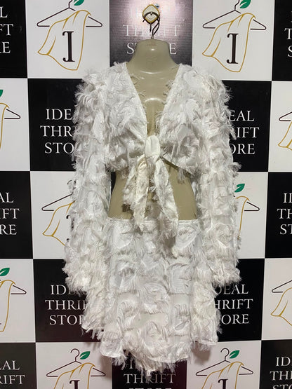 SHEIN |M| A9| TEXTURED FRINGE TIE-FRONT CROP TOP & MINI SKIRT TWO-PIECE SET - OFF-WHITE