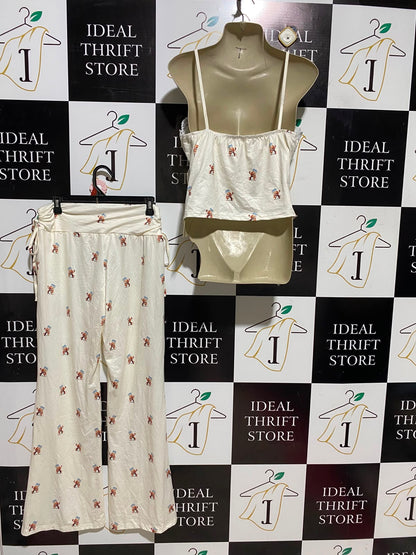 |XL| A9| TEDDY BEAR PRINT LACE-TRIM CAMI & DRAWSTRING PAJAMA TROUSER SET - CREAM
