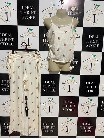 |XL| A9| TEDDY BEAR PRINT LACE-TRIM CAMI & DRAWSTRING PAJAMA TROUSER SET - CREAM