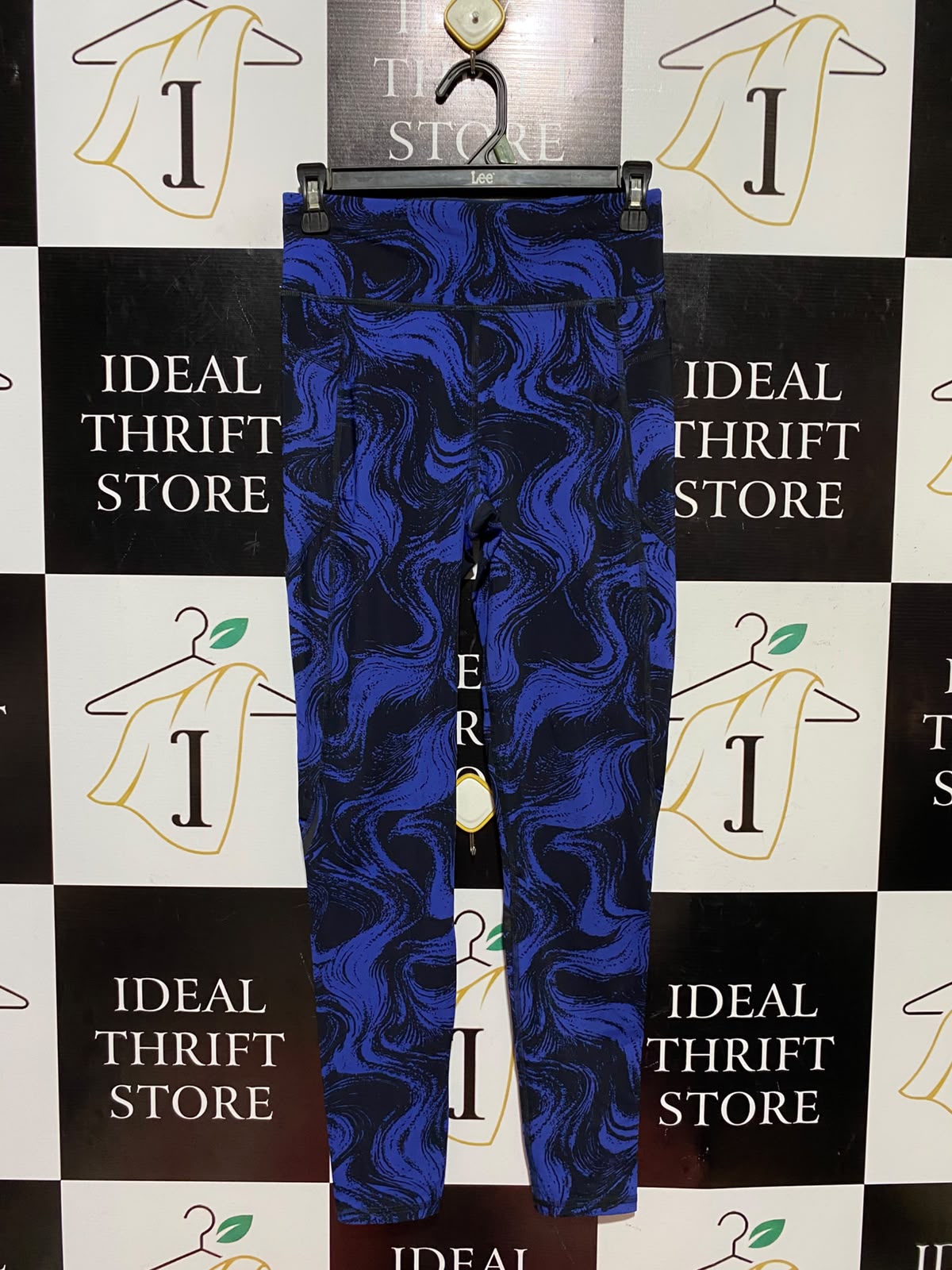 SWEATY BETTY |S| WAIST 26| A9| HIGH-WAISTED ABSTRACT MARBLE PRINT ATHLETIC LEGGINGS - ROYAL BLUE & BLACK