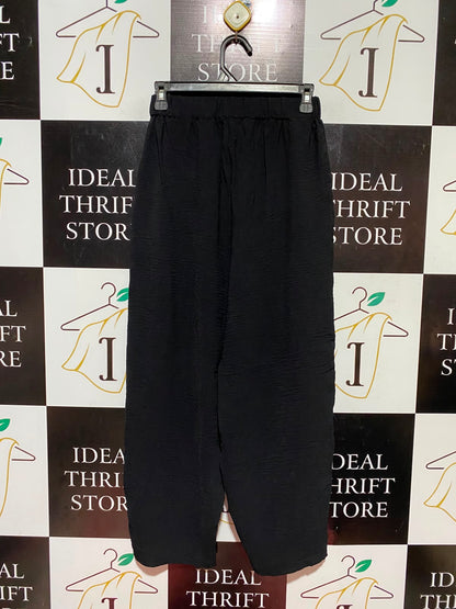 |XS| WAIST 24| A9| HIGH-WAISTED TEXTURED RELAXED CULOTTES / WIDE-LEG TROUSERS - JET BLACK