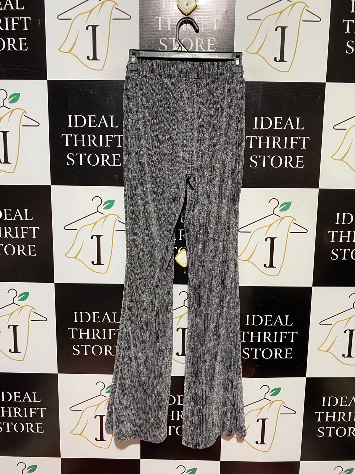 BLUE NAVY |XS| WAIST 24| HIGH-WAISTED SHIMMER GLITTER FLARED TROUSERS - METALLIC SILVER & BLACK