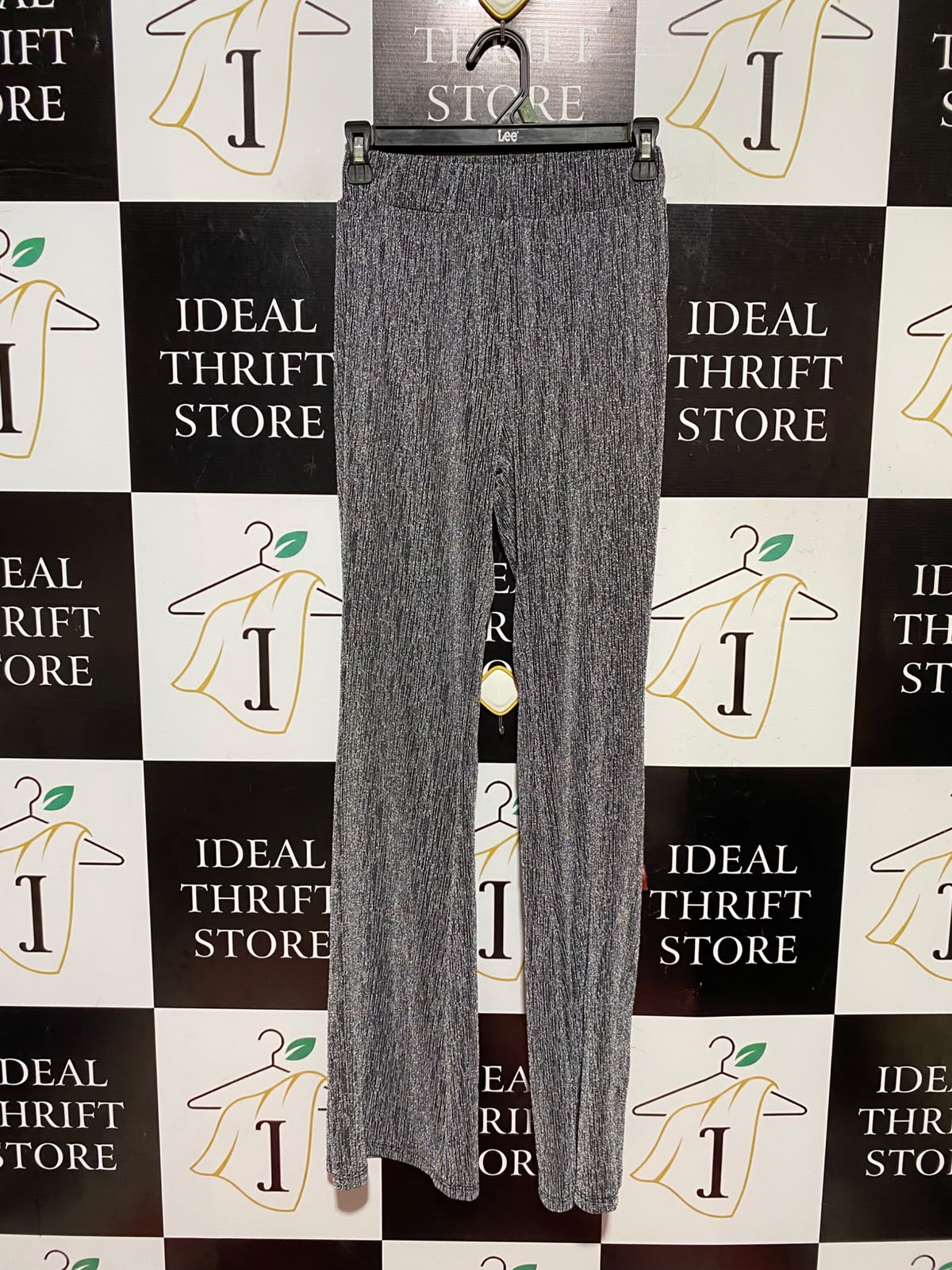 BLUE NAVY |XS| WAIST 24| HIGH-WAISTED SHIMMER GLITTER FLARED TROUSERS - METALLIC SILVER & BLACK