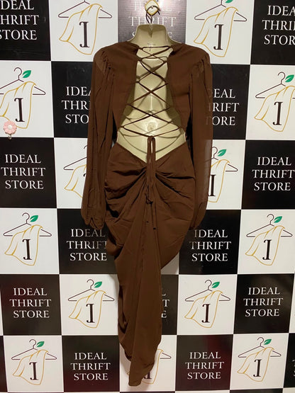 PRETTYLILLTE THING |S| BUST 15| A9| RUCHED LONG-SLEEVE DRAPED MAXI DRESS - CHOCOLATE BROWN