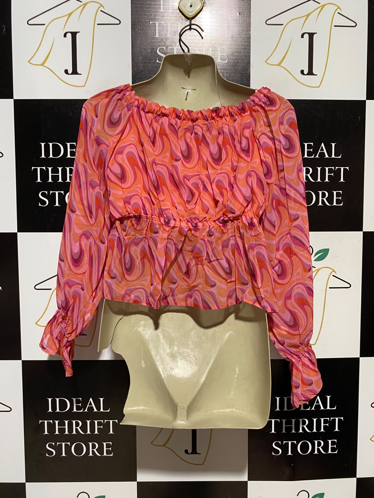 SELECT |S| BUST 15| A9| RETRO ABSTRACT SWIRL OFF-THE-SHOULDER PEPLUM TOP - PINK & CORAL MULTI