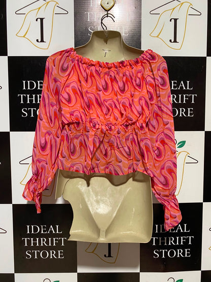 SELECT |S| BUST 15| A9| RETRO ABSTRACT SWIRL OFF-THE-SHOULDER PEPLUM TOP - PINK & CORAL MULTI