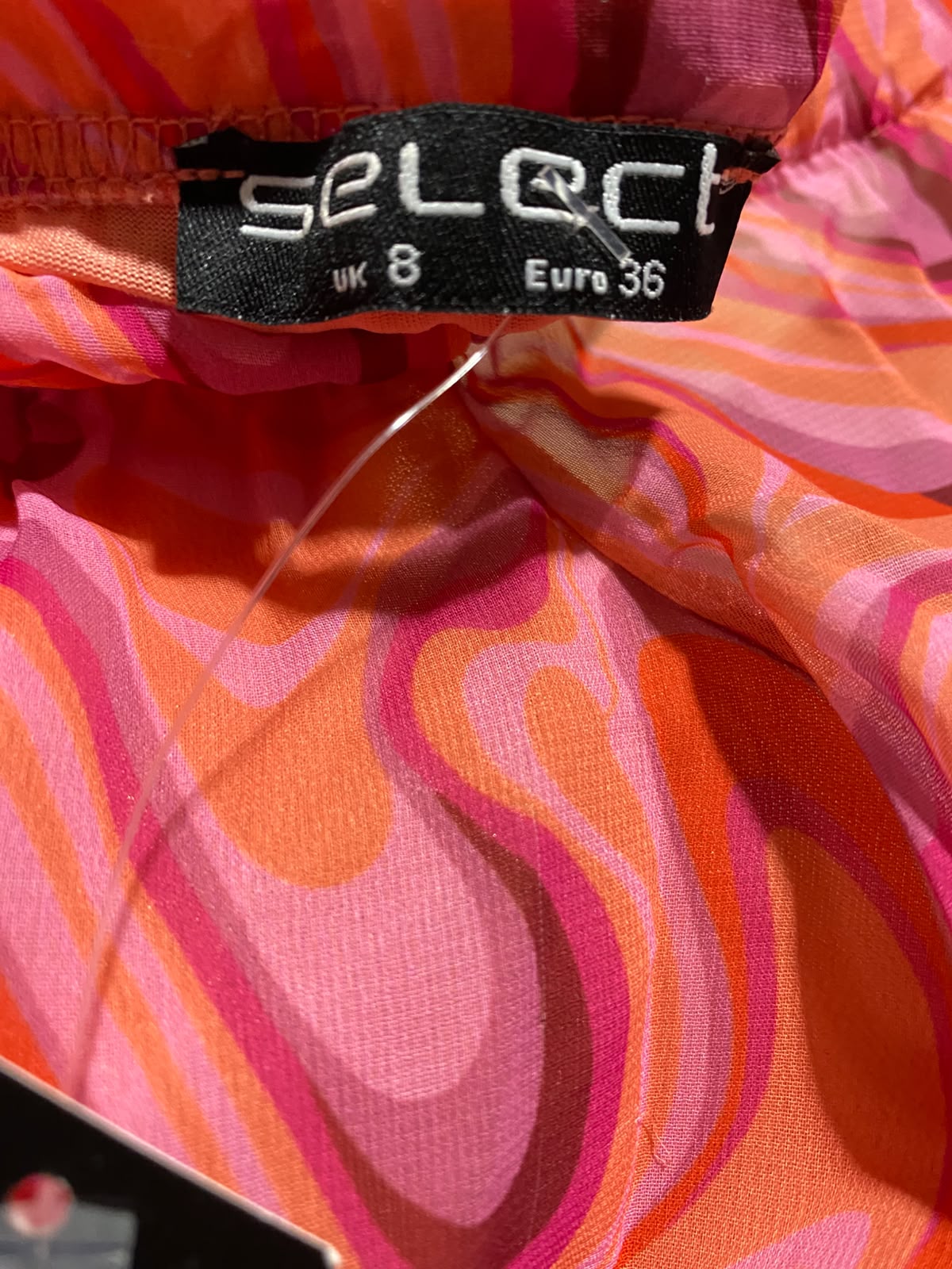 SELECT |S| BUST 15| A9| RETRO ABSTRACT SWIRL OFF-THE-SHOULDER PEPLUM TOP - PINK & CORAL MULTI