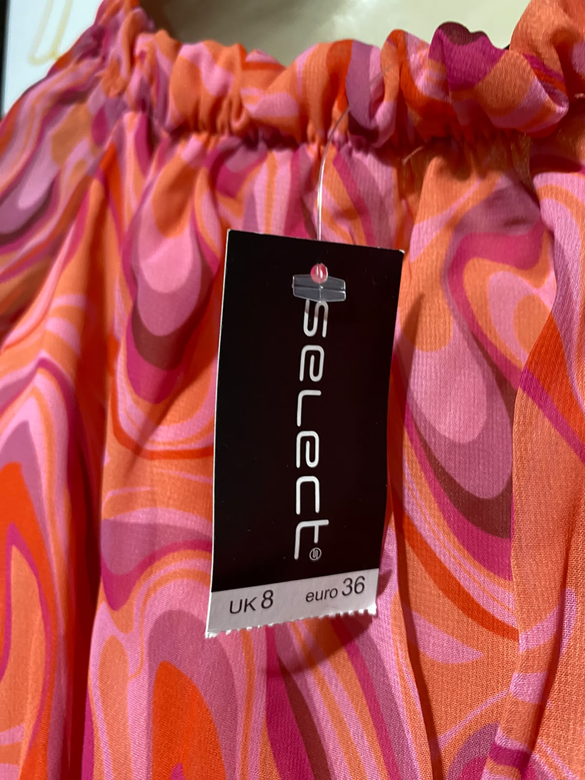 SELECT |S| BUST 15| A9| RETRO ABSTRACT SWIRL OFF-THE-SHOULDER PEPLUM TOP - PINK & CORAL MULTI