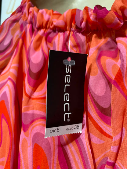SELECT |S| BUST 15| A9| RETRO ABSTRACT SWIRL OFF-THE-SHOULDER PEPLUM TOP - PINK & CORAL MULTI