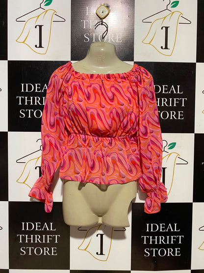 SELECT |S| BUST 15| A9| RETRO ABSTRACT SWIRL OFF-THE-SHOULDER PEPLUM TOP - PINK & CORAL MULTI