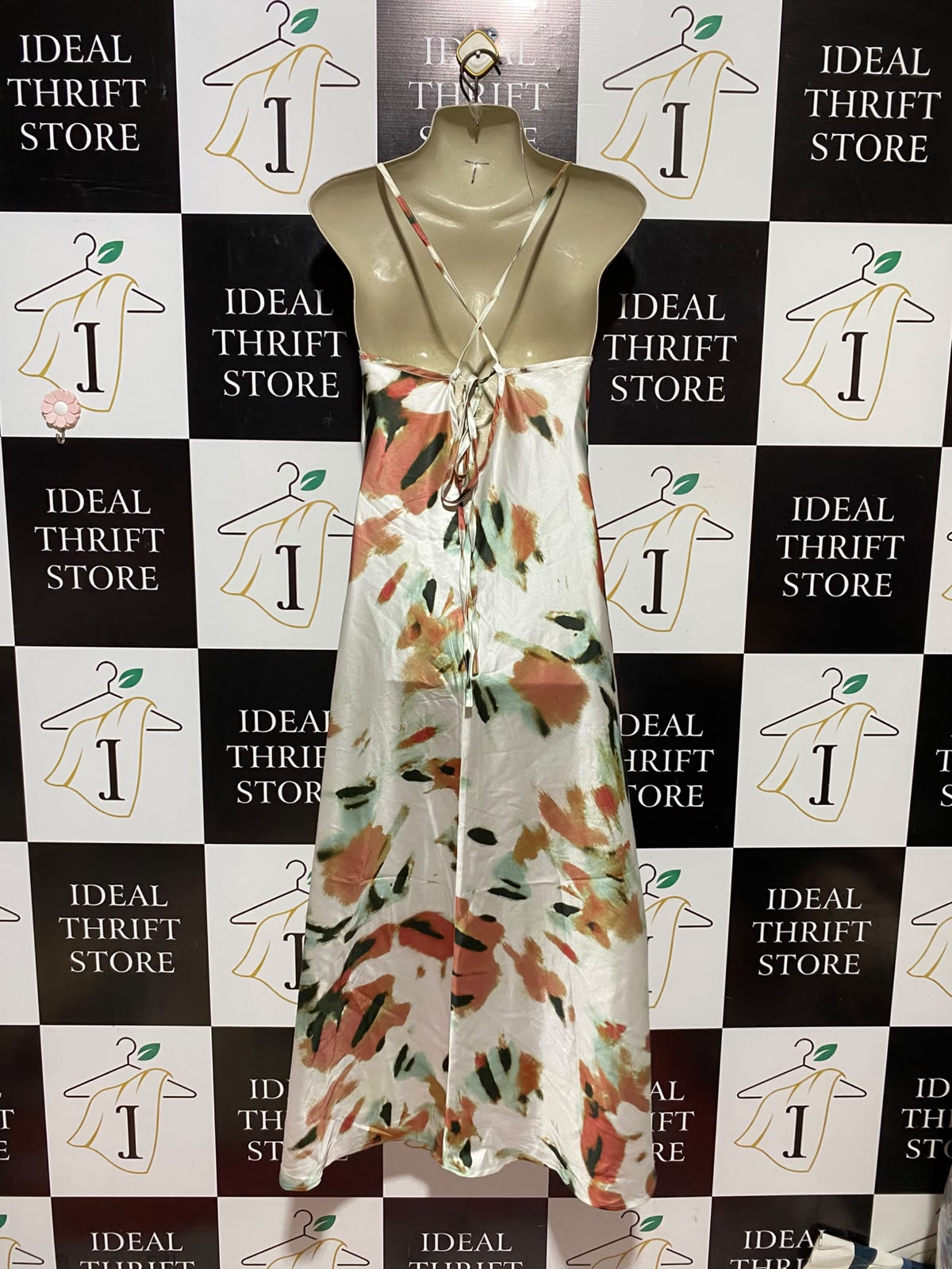 SHEIN |S| BUST 15| A9| ABSTRACT WATERCOLOR PRINT SATIN COWL-NECK SLIP MAXI DRESS - IVORY MULTI