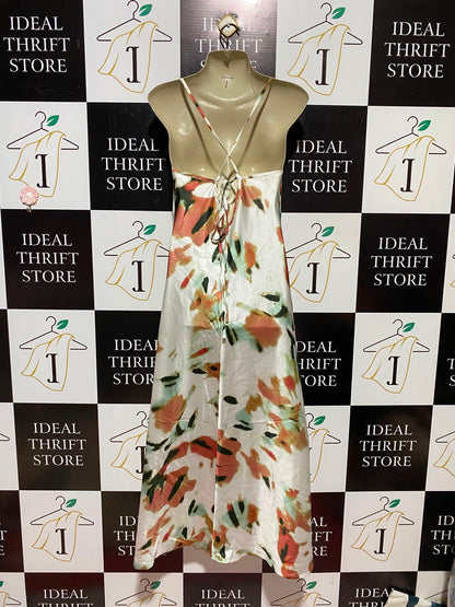 SHEIN |S| BUST 15| A9| ABSTRACT WATERCOLOR PRINT SATIN COWL-NECK SLIP MAXI DRESS - IVORY MULTI