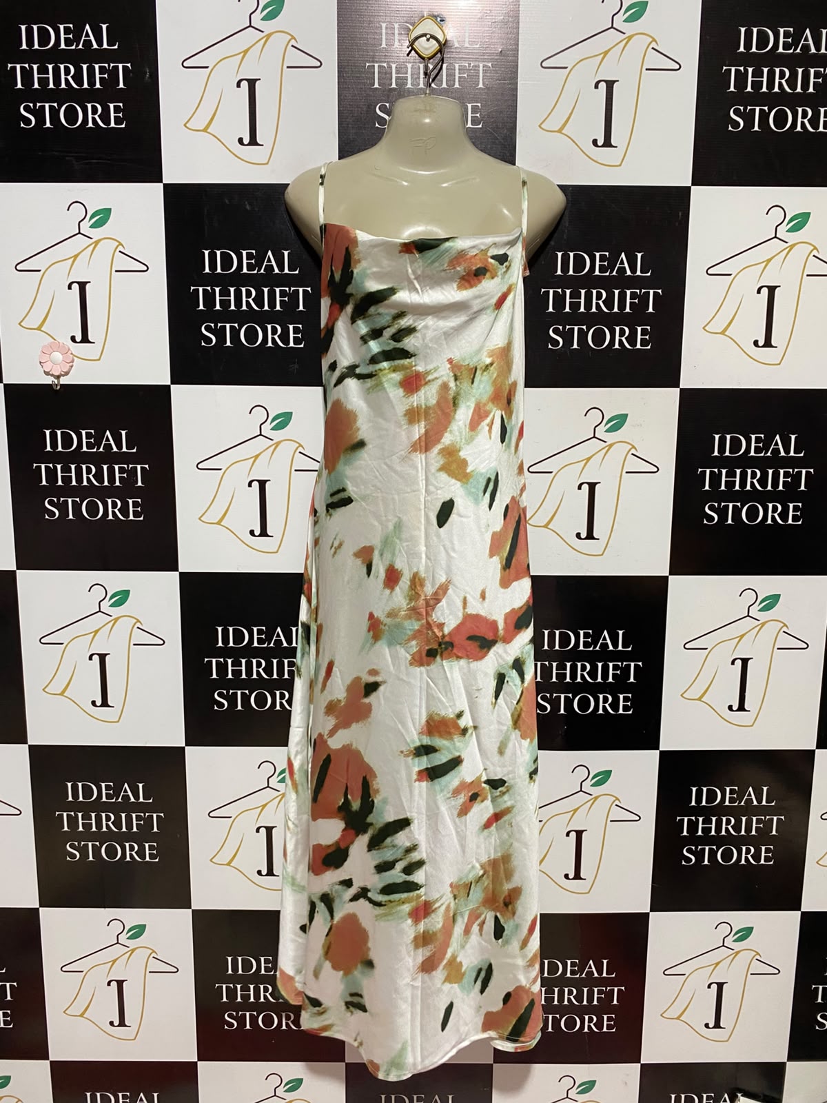 SHEIN |S| BUST 15| A9| ABSTRACT WATERCOLOR PRINT SATIN COWL-NECK SLIP MAXI DRESS - IVORY MULTI