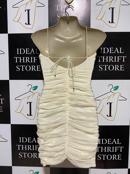 OH POLLY |S| BUST 15| A9| RUCHED MESH HALTER KEYHOLE BODYCON MINI DRESS - BUTTER YELLOW / CREAM