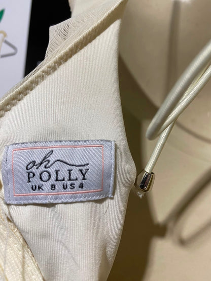 OH POLLY |S| BUST 15| A9| RUCHED MESH HALTER KEYHOLE BODYCON MINI DRESS - BUTTER YELLOW / CREAM
