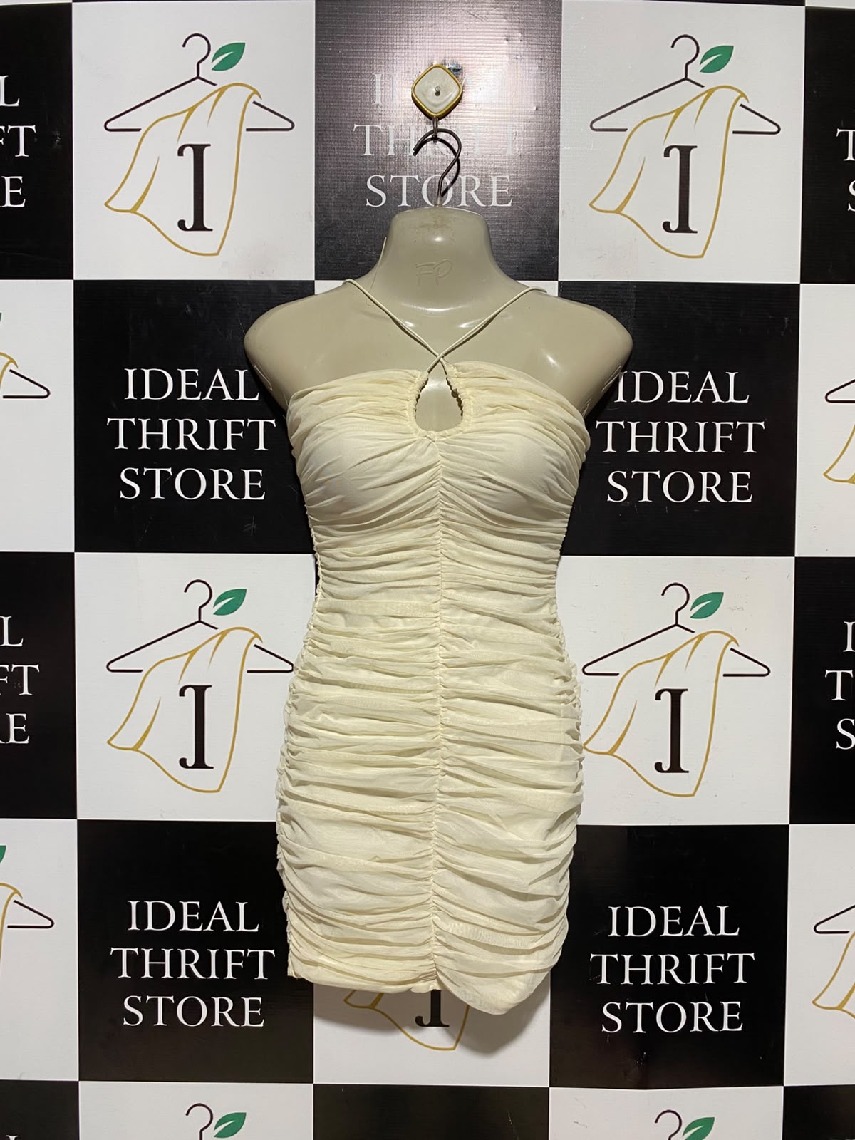 OH POLLY |S| BUST 15| A9| RUCHED MESH HALTER KEYHOLE BODYCON MINI DRESS - BUTTER YELLOW / CREAM