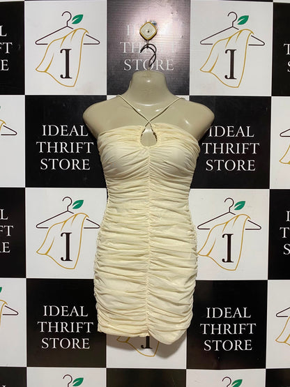OH POLLY |S| BUST 15| A9| RUCHED MESH HALTER KEYHOLE BODYCON MINI DRESS - BUTTER YELLOW / CREAM