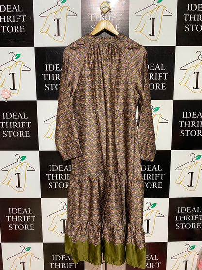 ANAMOR |L| BUST 19| A9| VINTAGE MOSAIC PRINT TIERED SATIN MAXI DRESS - OLIVE GREEN & GOLD