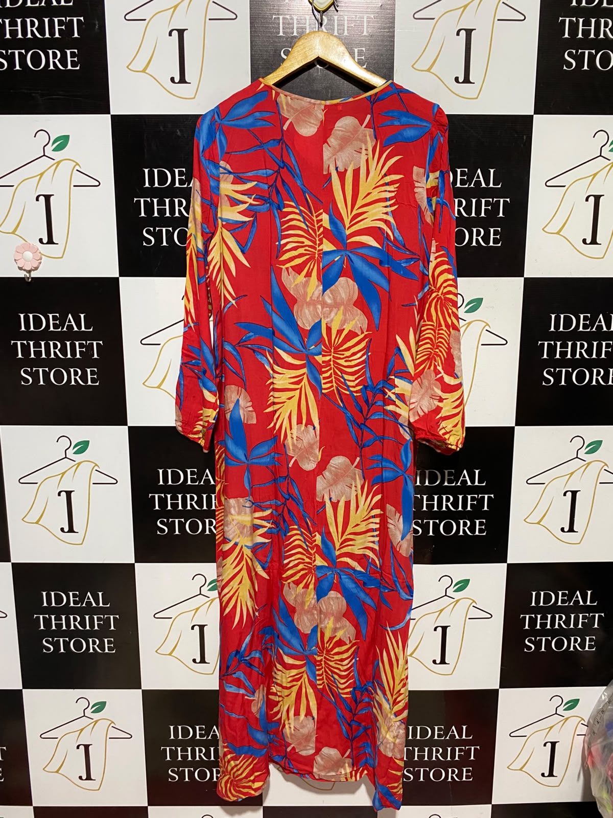 COMENG |M/L| BUST 21| A9| TROPICAL PALM LEAF PRINT V-NECK KAFTAN MAXI DRESS - BRIGHT RED MULTI