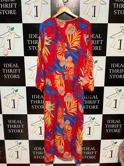 COMENG |M/L| BUST 21| A9| TROPICAL PALM LEAF PRINT V-NECK KAFTAN MAXI DRESS - BRIGHT RED MULTI