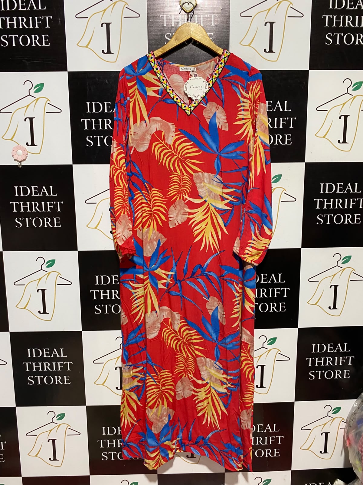 COMENG |M/L| BUST 21| A9| TROPICAL PALM LEAF PRINT V-NECK KAFTAN MAXI DRESS - BRIGHT RED MULTI