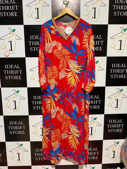 COMENG |M/L| BUST 21| A9| TROPICAL PALM LEAF PRINT V-NECK KAFTAN MAXI DRESS - BRIGHT RED MULTI