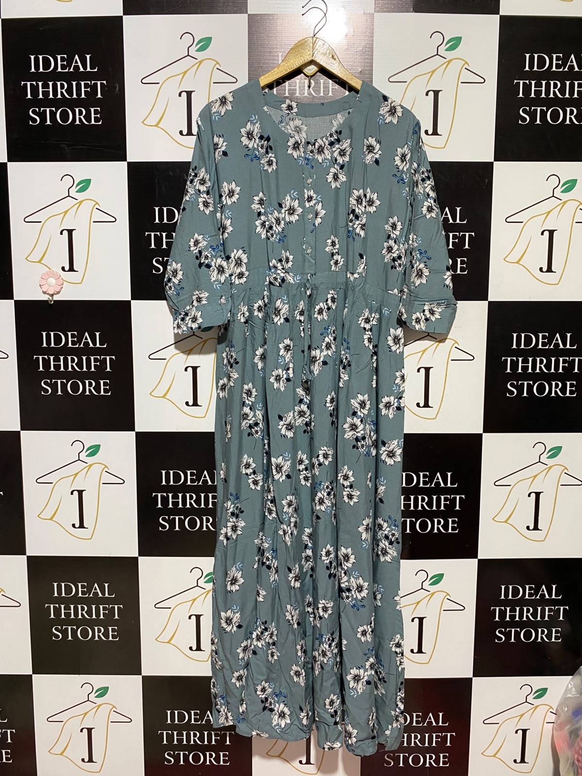 |XL| BUST 23| A9| FLORAL PRINT BUTTON-FRONT MAXI DRESS - DUSTY SAGE GREEN