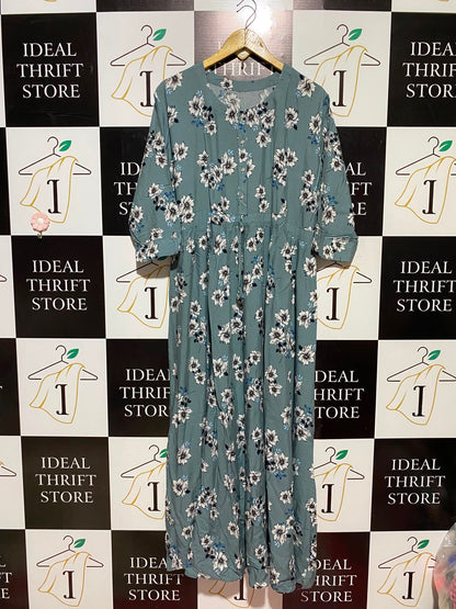 |XL| BUST 23| A9| FLORAL PRINT BUTTON-FRONT MAXI DRESS - DUSTY SAGE GREEN