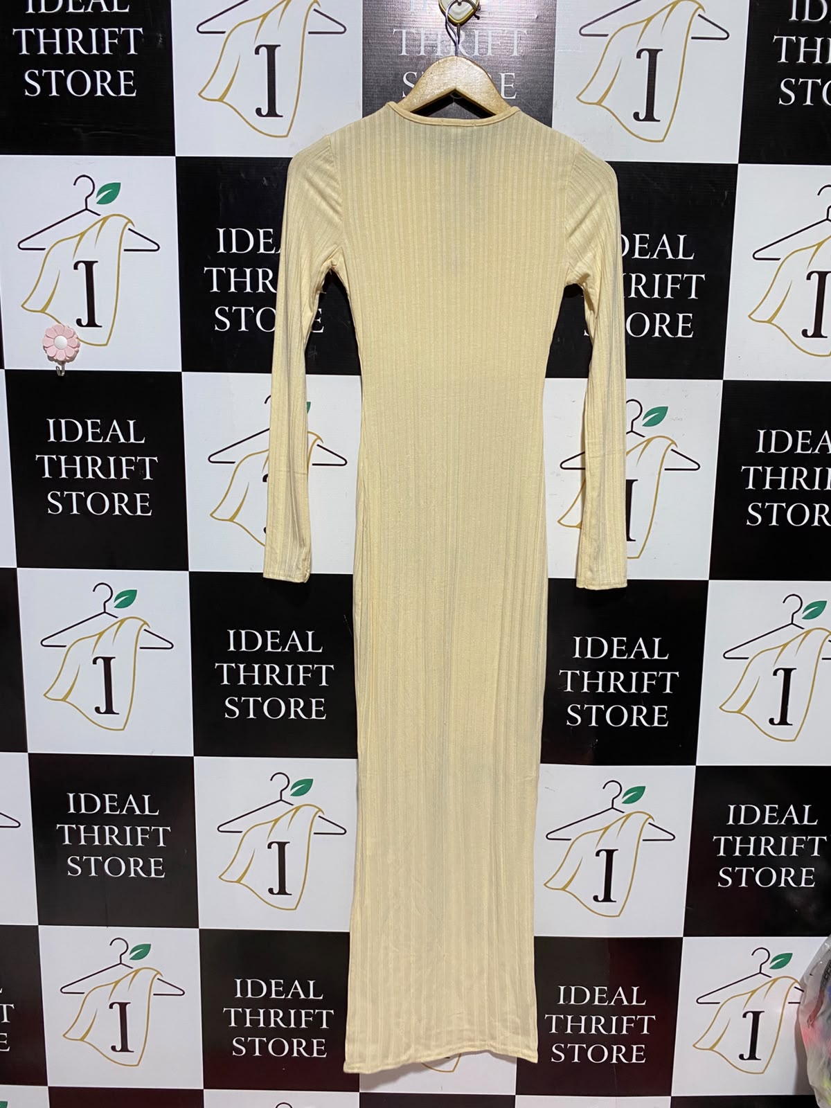 PRETTYLITTLE THING |S| BUST 14| A8| LONG-SLEEVE RIBBED KEYHOLE MAXI DRESS - BUTTER YELLOW / CREAM