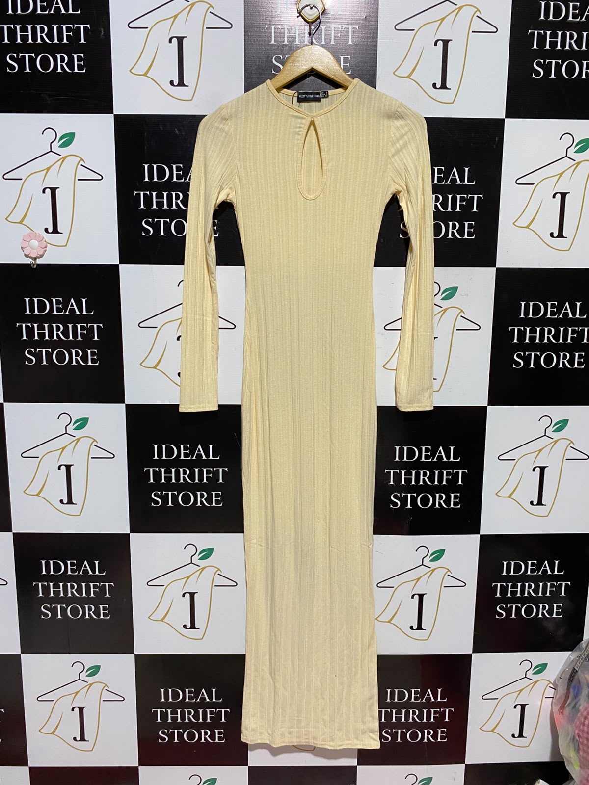 PRETTYLITTLE THING |S| BUST 14| A8| LONG-SLEEVE RIBBED KEYHOLE MAXI DRESS - BUTTER YELLOW / CREAM