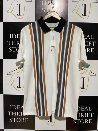 TOPMAN |L| BUST 22| A8| STRIPED KNIT ZIP POLO SHIRT - WHITE MULTI