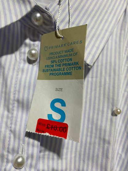 PRIMARK CARES |S| BUST 20| A8| PEARL-EMBELLISHED STRIPED CROPPED BUTTON-DOWN SHIRT - LIGHT BLUE & WHITE