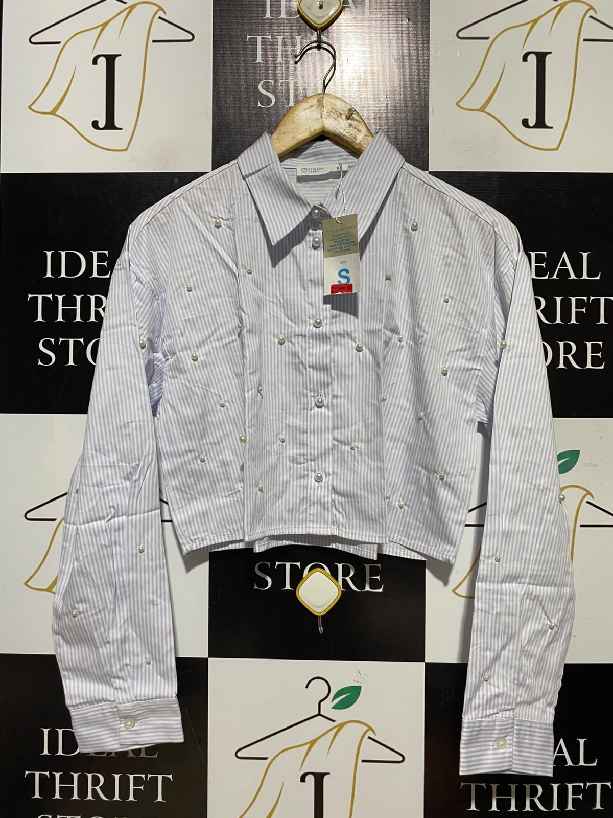 PRIMARK CARES |S| BUST 20| A8| PEARL-EMBELLISHED STRIPED CROPPED BUTTON-DOWN SHIRT - LIGHT BLUE & WHITE