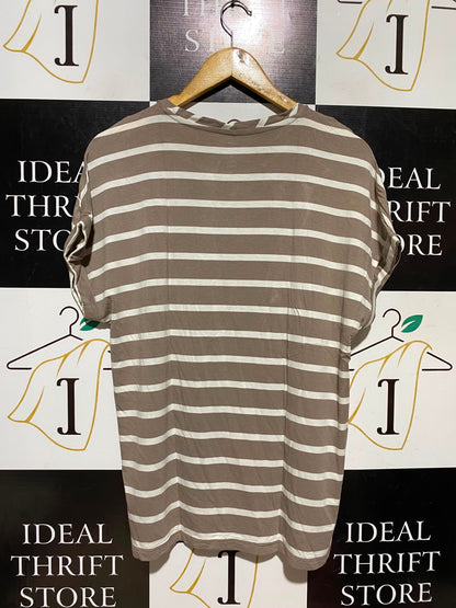 GEORGE |M| BUST 19| A8| STRIPED CULL CUFF SHORT-SLEEVE T-SHIRT - TAUPE BROWN & IVORY